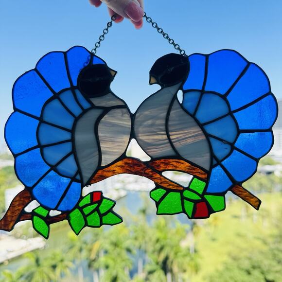 VTG Handmade Leaded Stained Glass Art Suncatcher Peacocks Blue Love Birds 10" - Picture 1 of 10